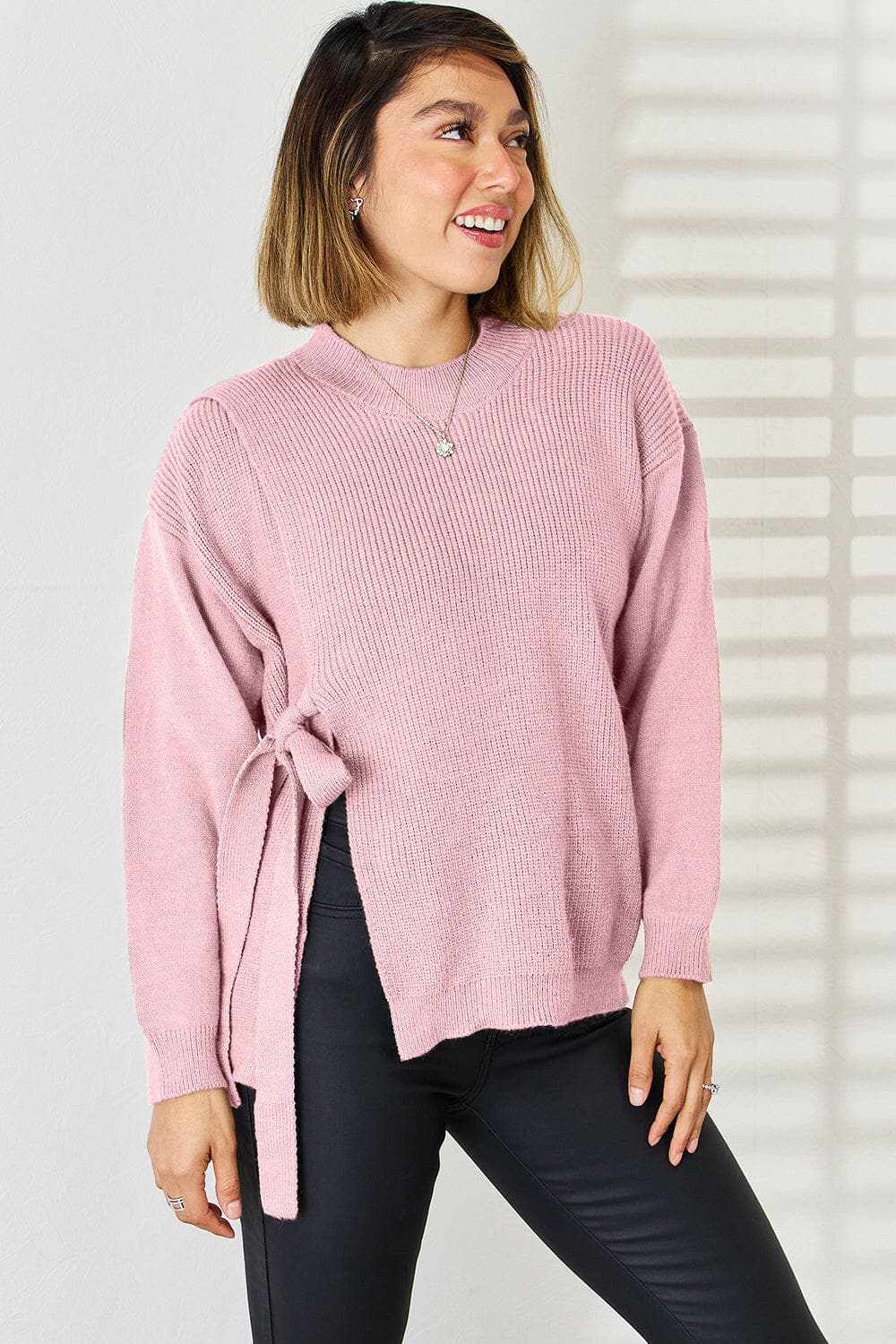 Chic slit tied dropped shoulder sweater - Love Salve